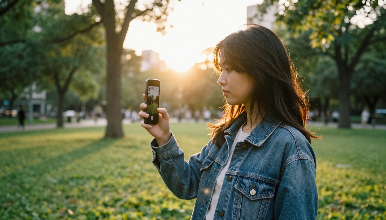 A young woman in a city park holding up a smartphone at golden hour