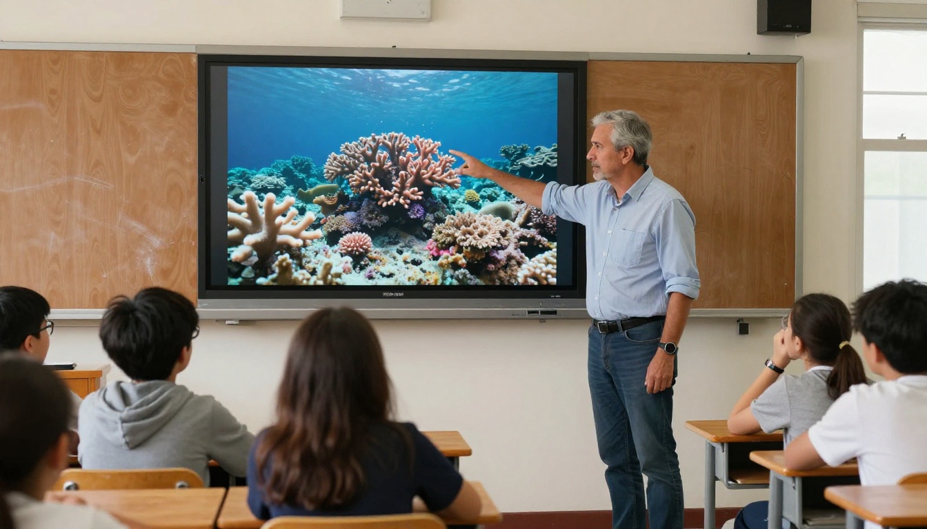A teacher pointing at a classroom screen showing a coral reef photo while students watch from their desks