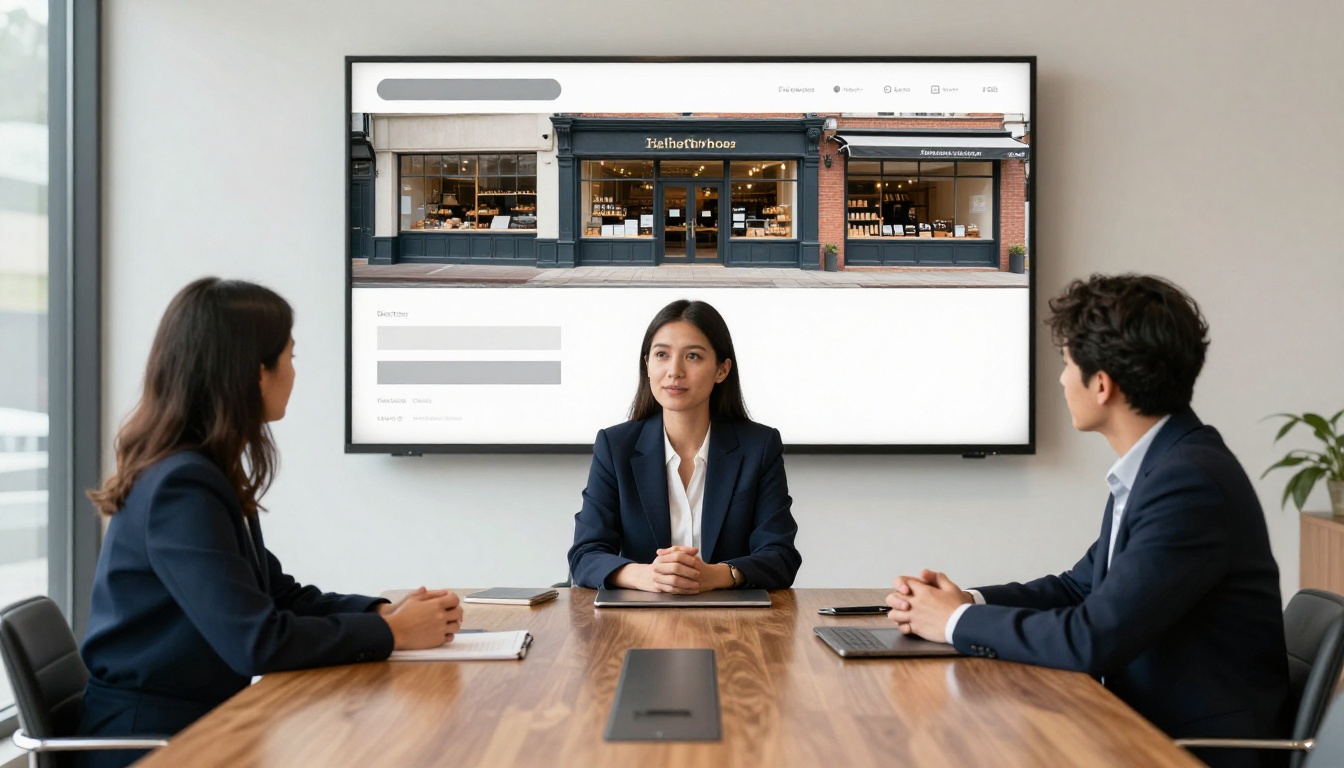 A woman in a navy blazer presenting a bakery slide to colleagues around a conference table