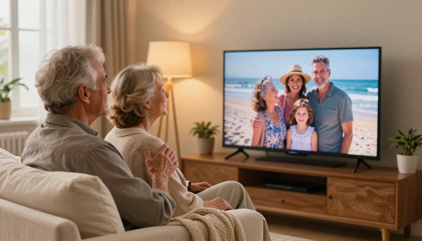 An older couple on a sofa laughing at a family beach photo slideshow on a television