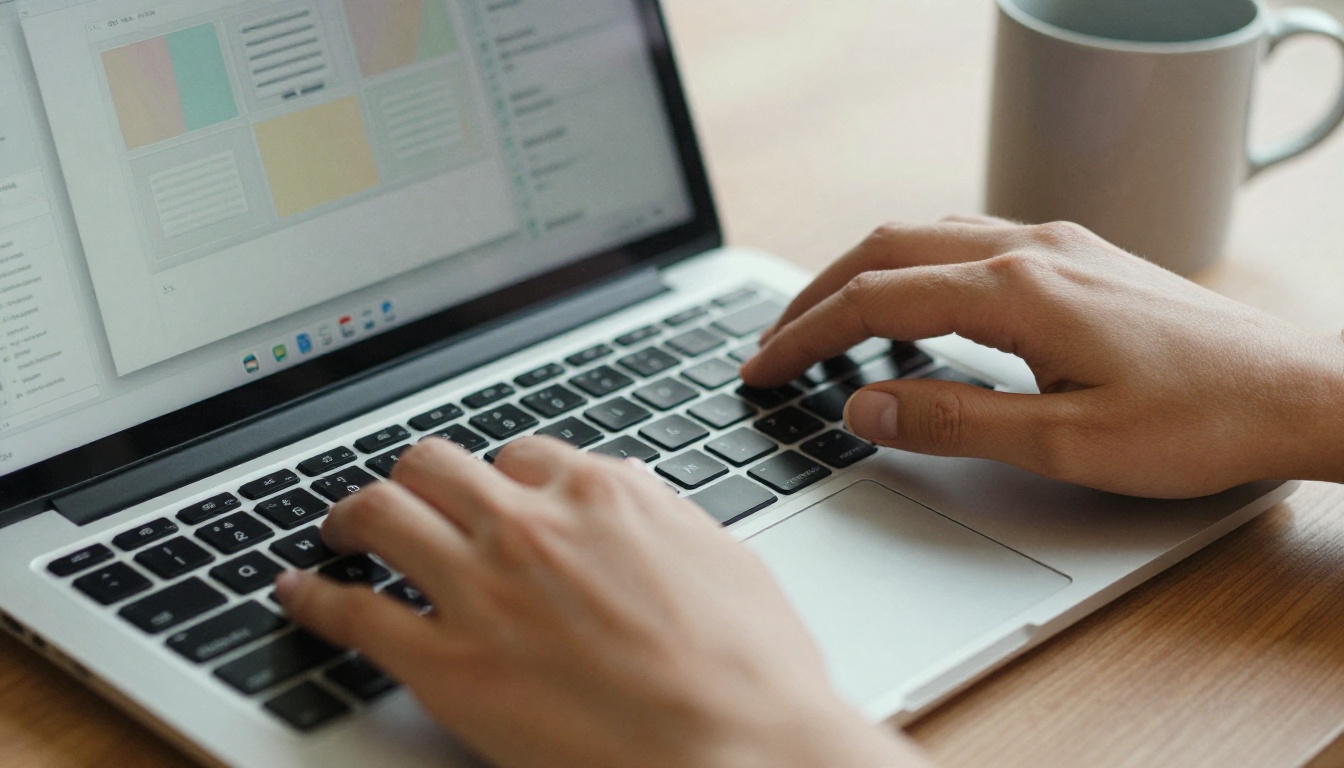 A woman's hands typing a short prompt on a slim laptop beside a ceramic mug in soft morning light