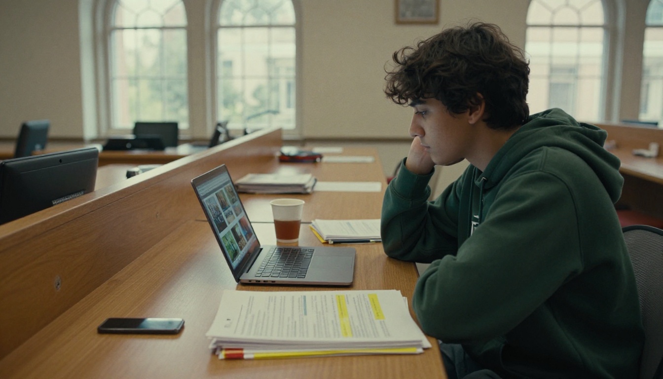 A university student at a library table studying a grid of slide thumbnails on a laptop