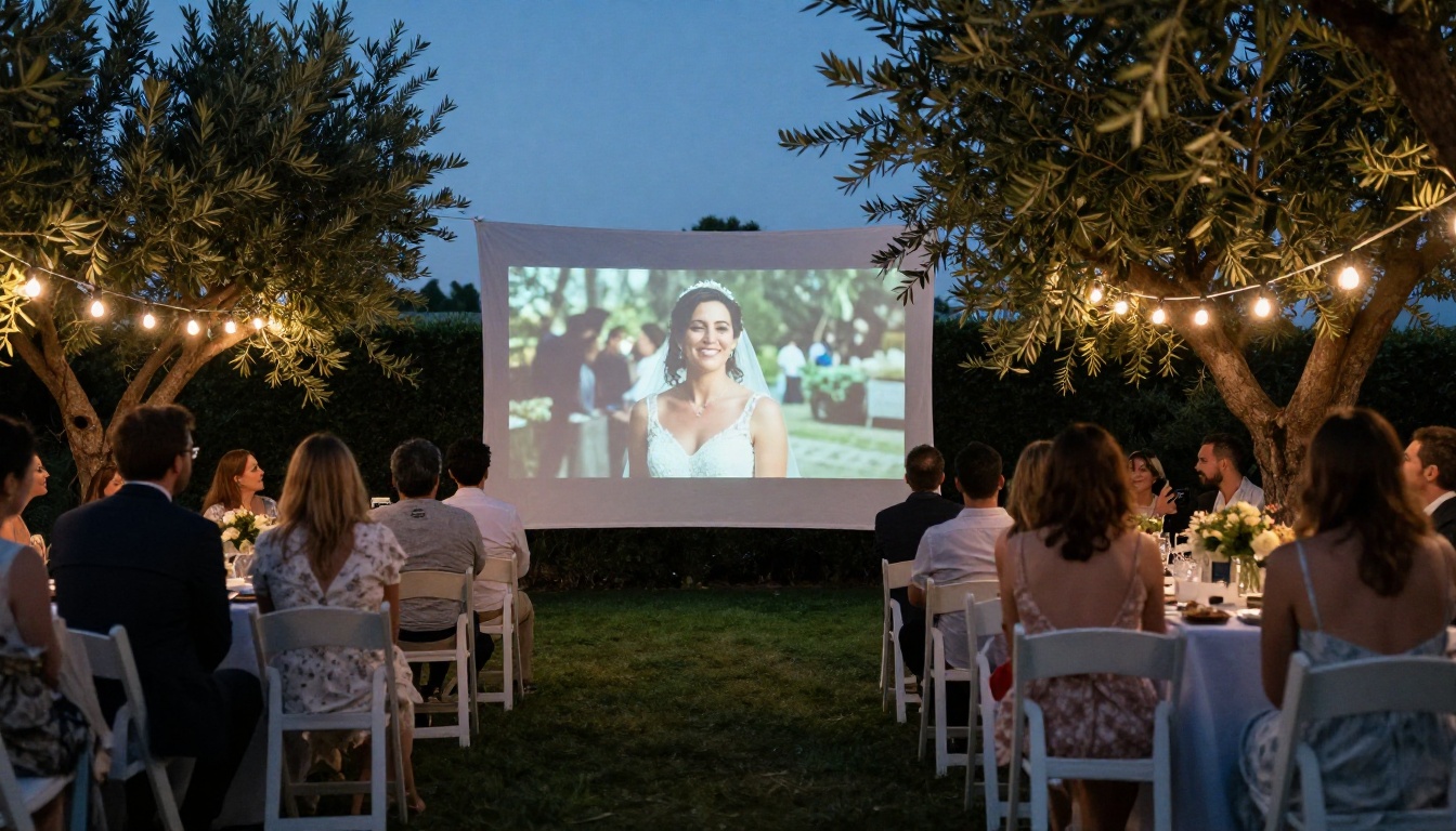 Guests watching a slideshow projected on a linen screen between olive trees at a dusk garden reception