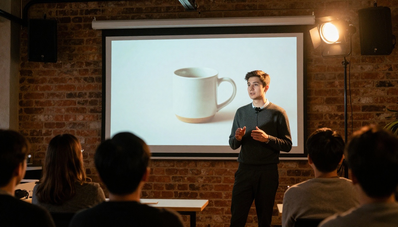A speaker standing beside a projected product photo at a small co-working meetup