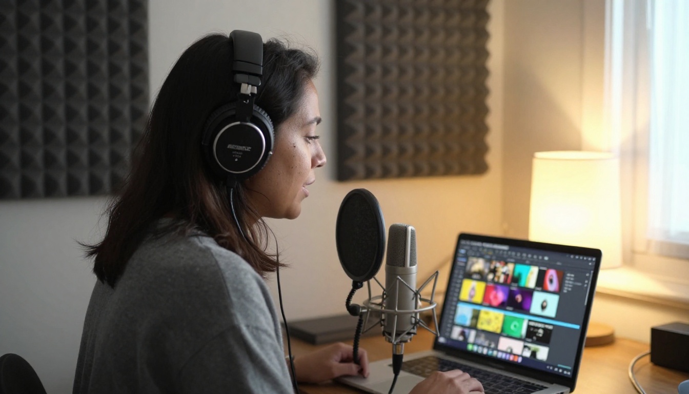 A woman in over-ear headphones recording narration into a condenser microphone beside a laptop