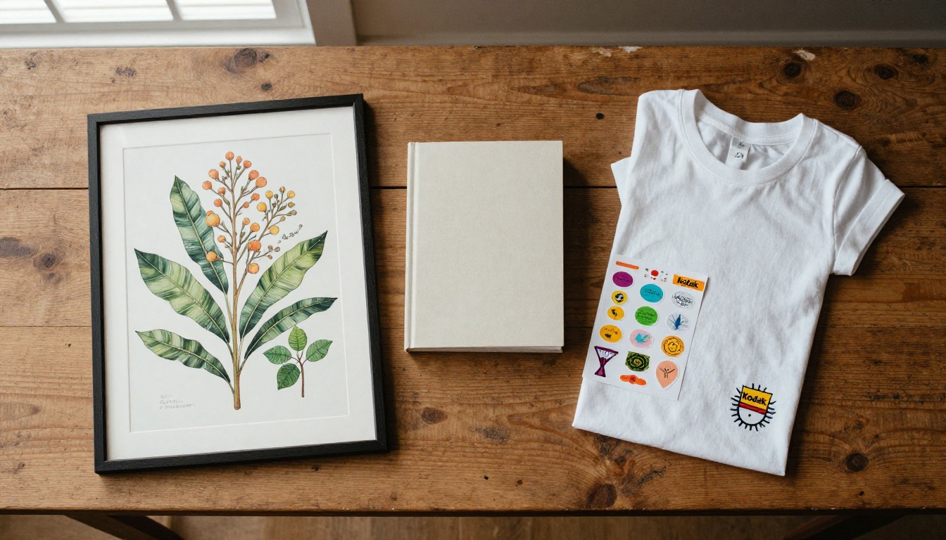 Flat-lay of a framed art print, a paperback book, stickers and a folded t-shirt on a walnut table