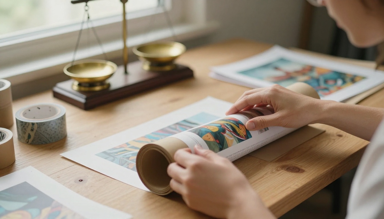 Hands sliding a rolled art print into a cardboard mailing tube on a packing table