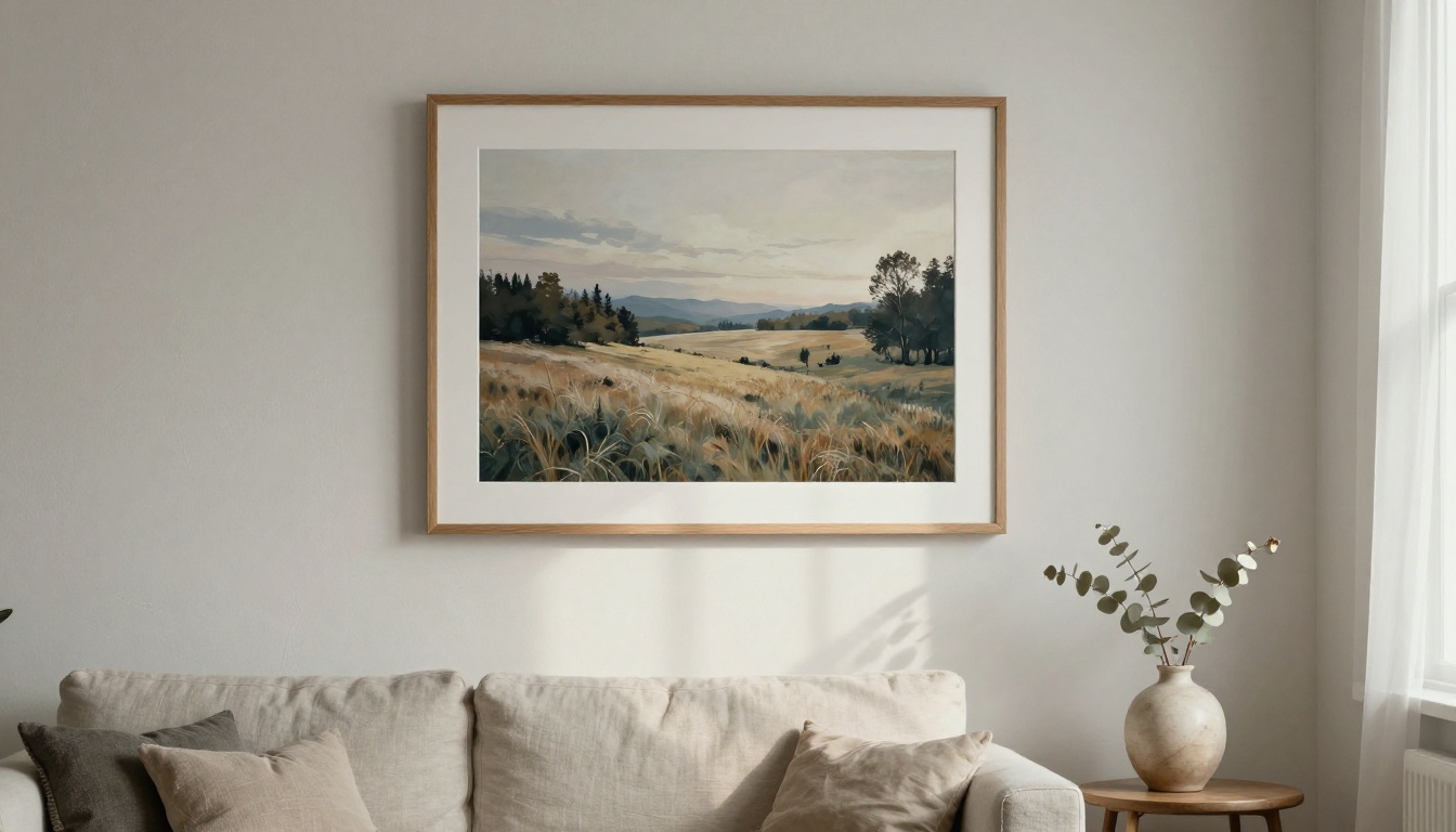 Low-angle view of a framed abstract landscape print hanging above a linen sofa