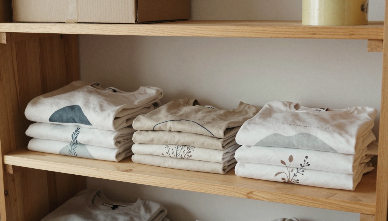 A wooden shelf of folded cotton t-shirts in earth tones with simple printed graphics