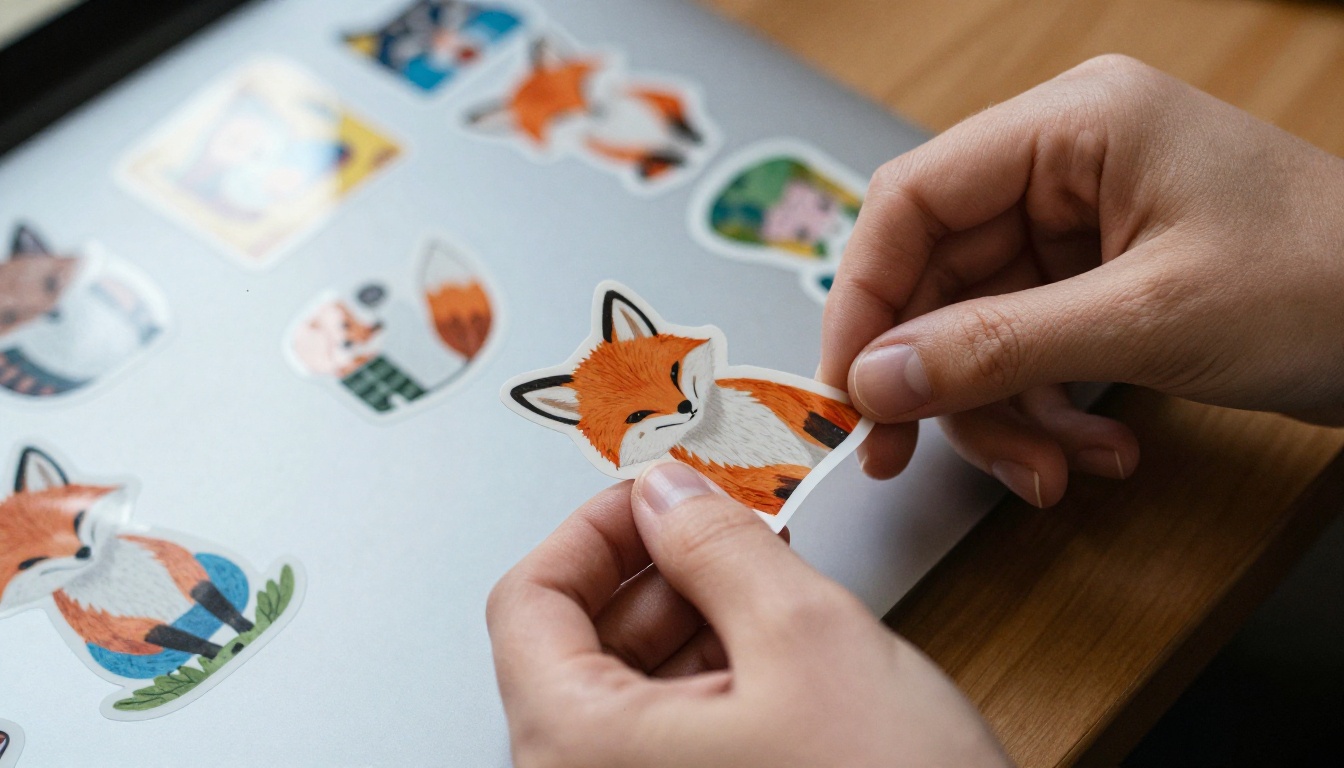 Hands peeling a glossy fox sticker off its backing sheet next to a laptop plastered with stickers