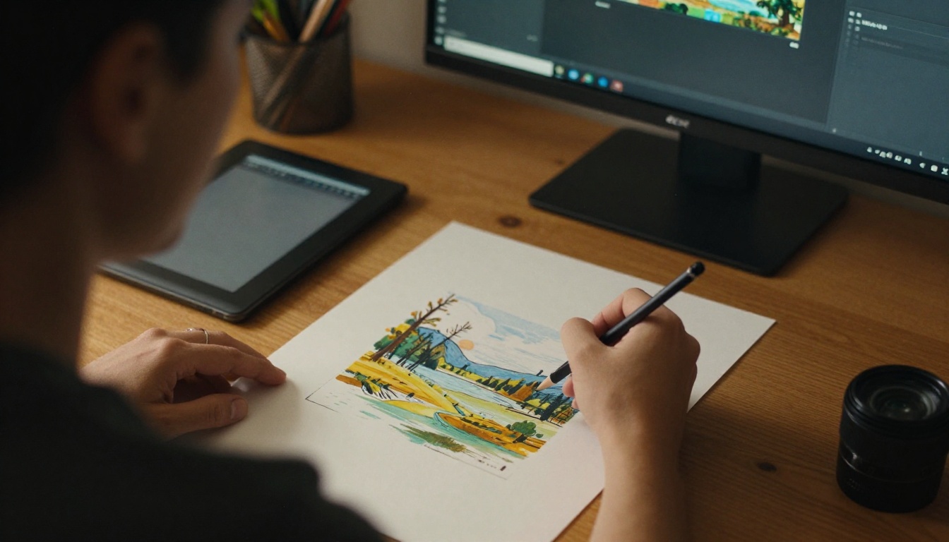 An illustrator retouching a printed landscape with a fine brush and pencil at a standing desk