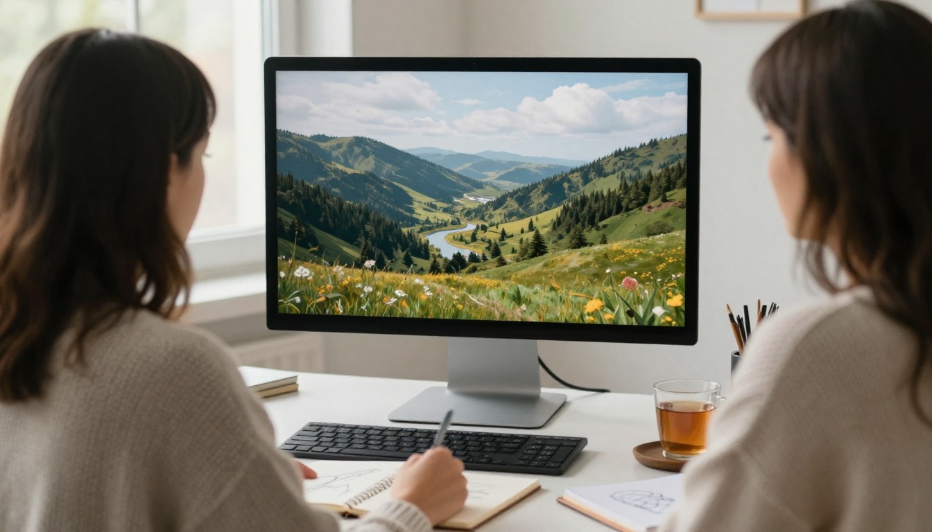 A woman reviewing a set of generated landscape artworks on a monitor at a bright home desk