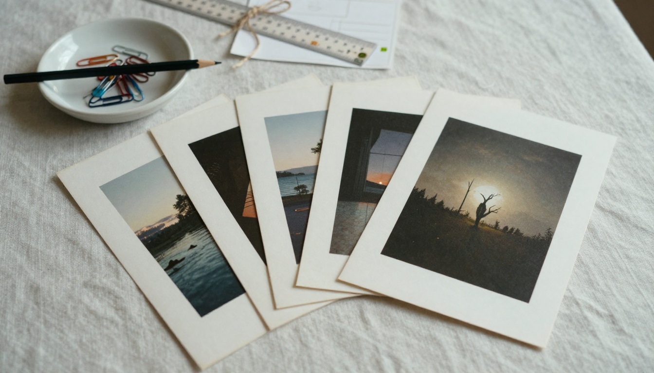 Art prints in three sizes fanned out on a linen cloth beside a set of postcards