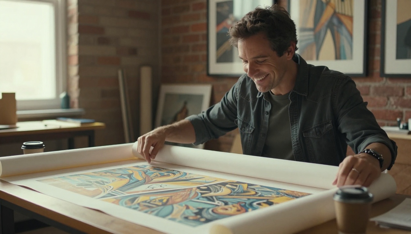 A man unrolling a finished large art print across a studio table with framed prints behind him
