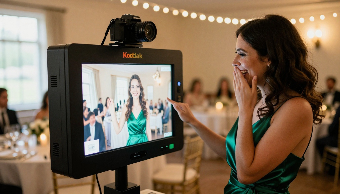 Guest tapping the touchscreen of an AI photo booth kiosk at a wedding reception