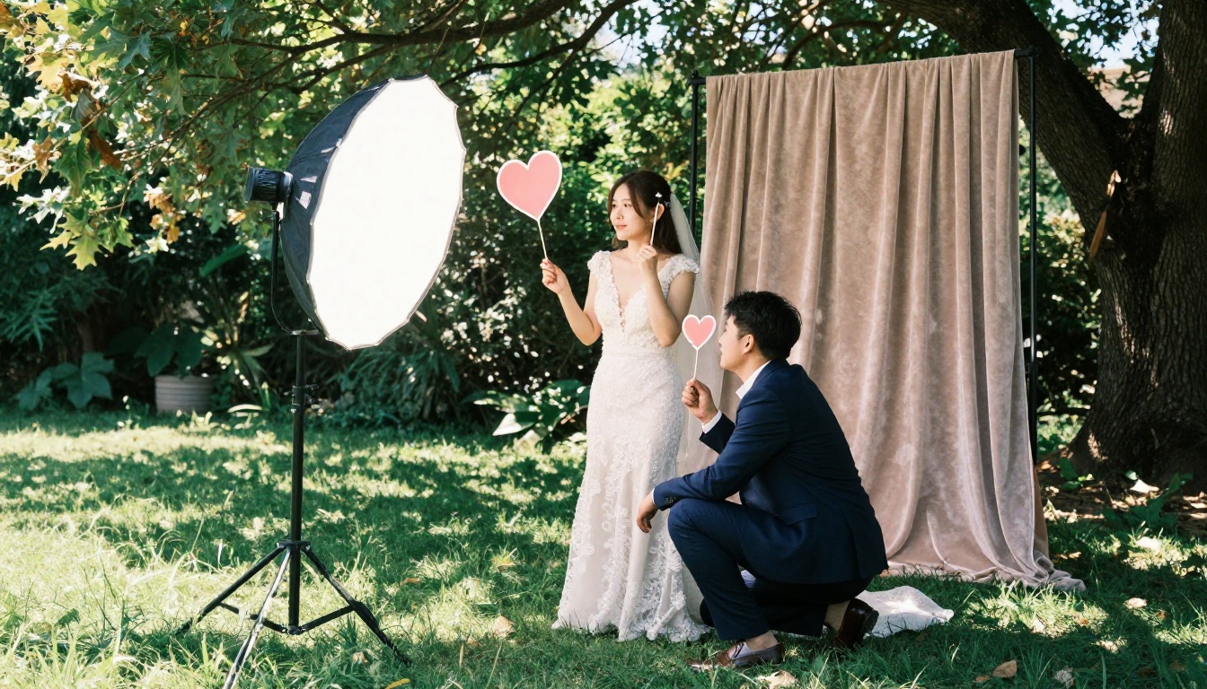 Open-air rental photo booth at a garden wedding with a couple holding paper props