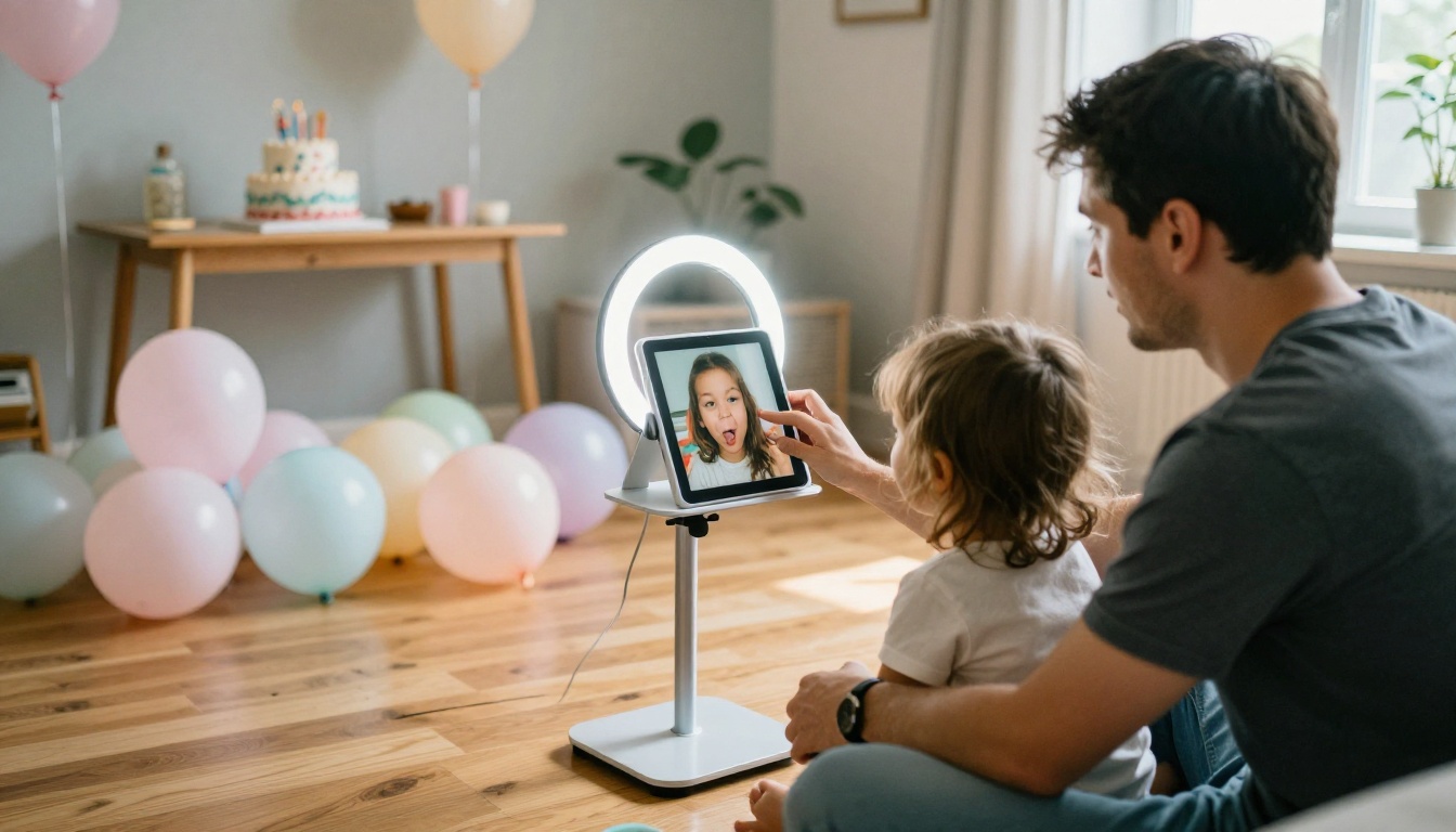 Tablet photo booth on a floor stand at a child's birthday party