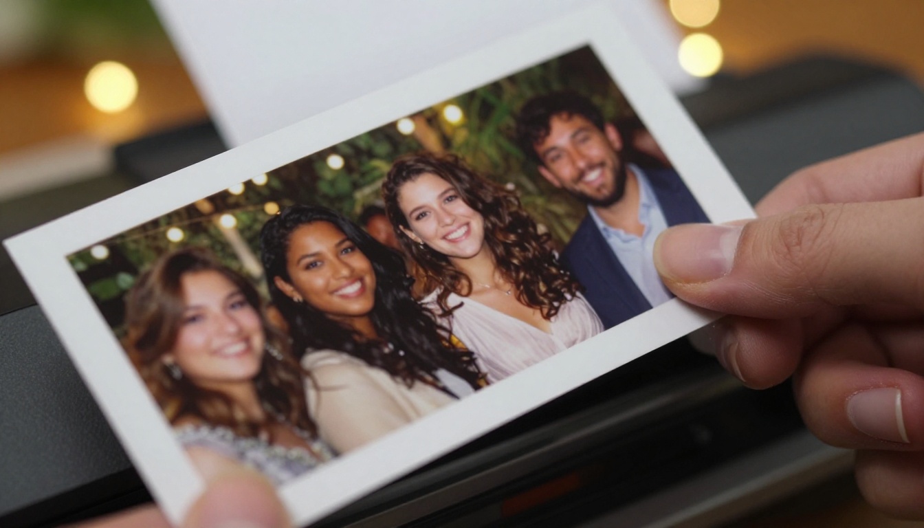 Hand holding a freshly printed glossy photo strip at an evening event