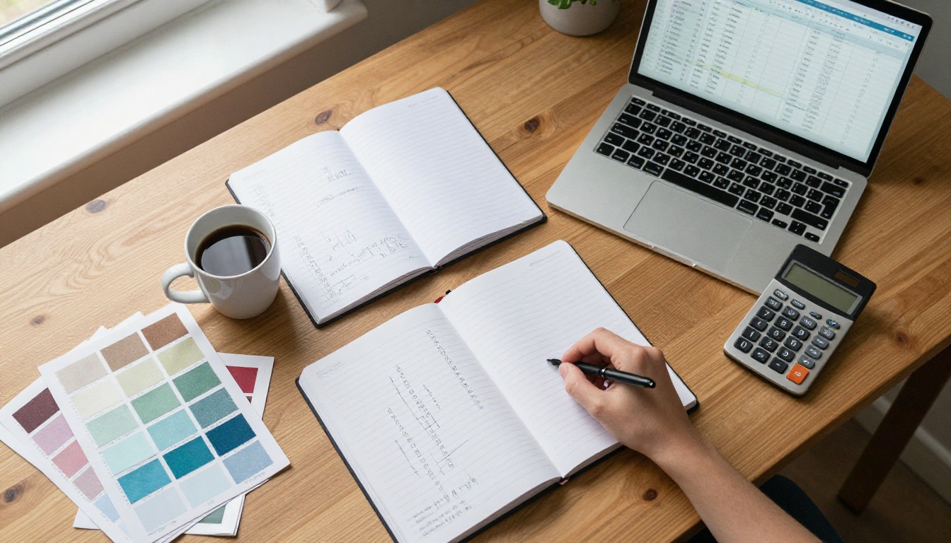 Event planner's desk with laptop, calculator and photo prints for budgeting an AI photo booth