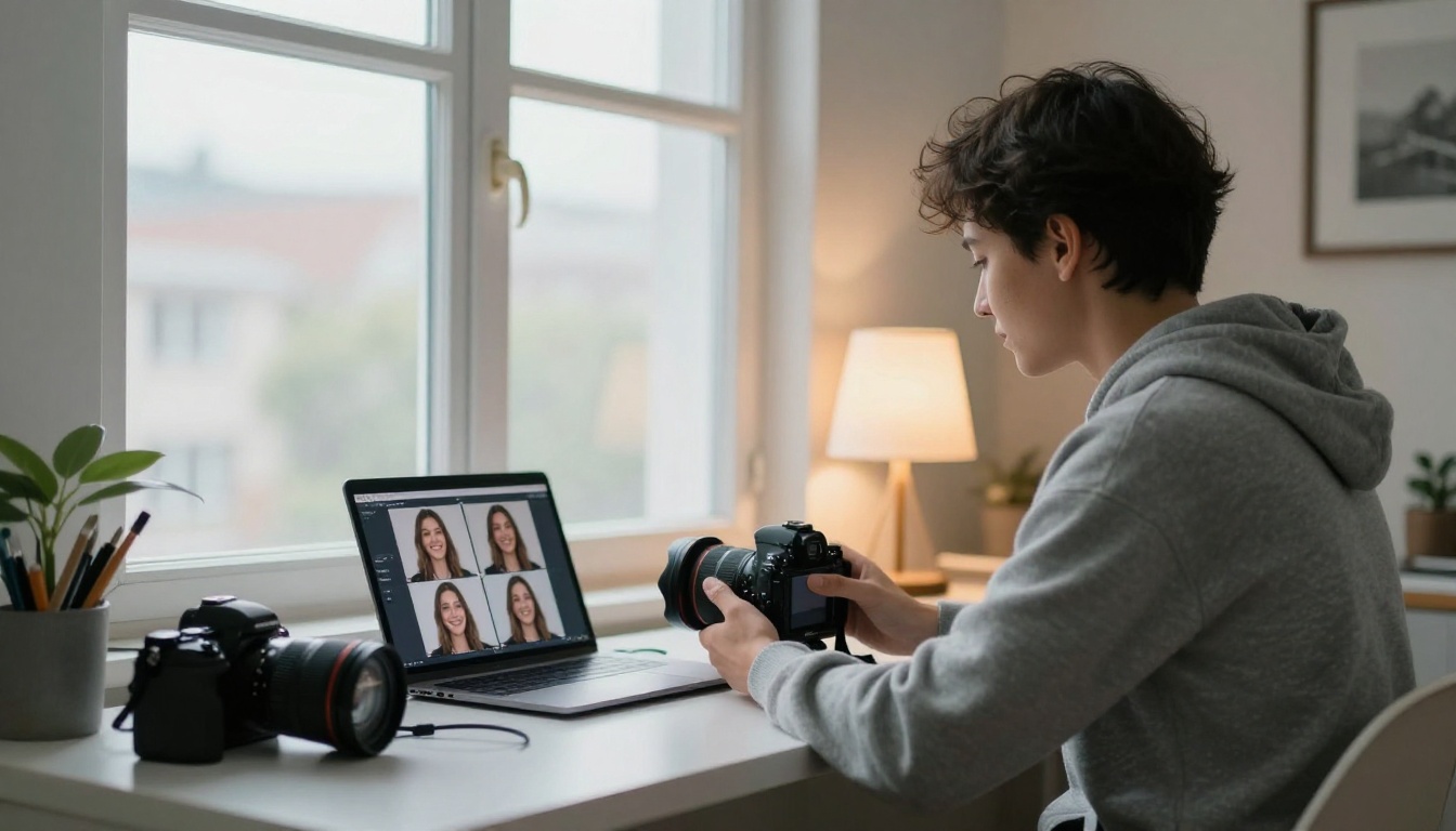 Photographer reviewing four portrait variations of the same woman on a laptop