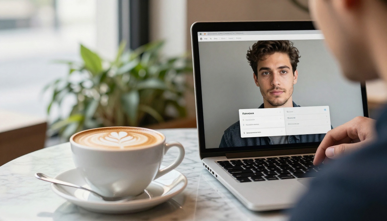 Man uploading a selfie to an AI portrait model on a laptop in a cafe