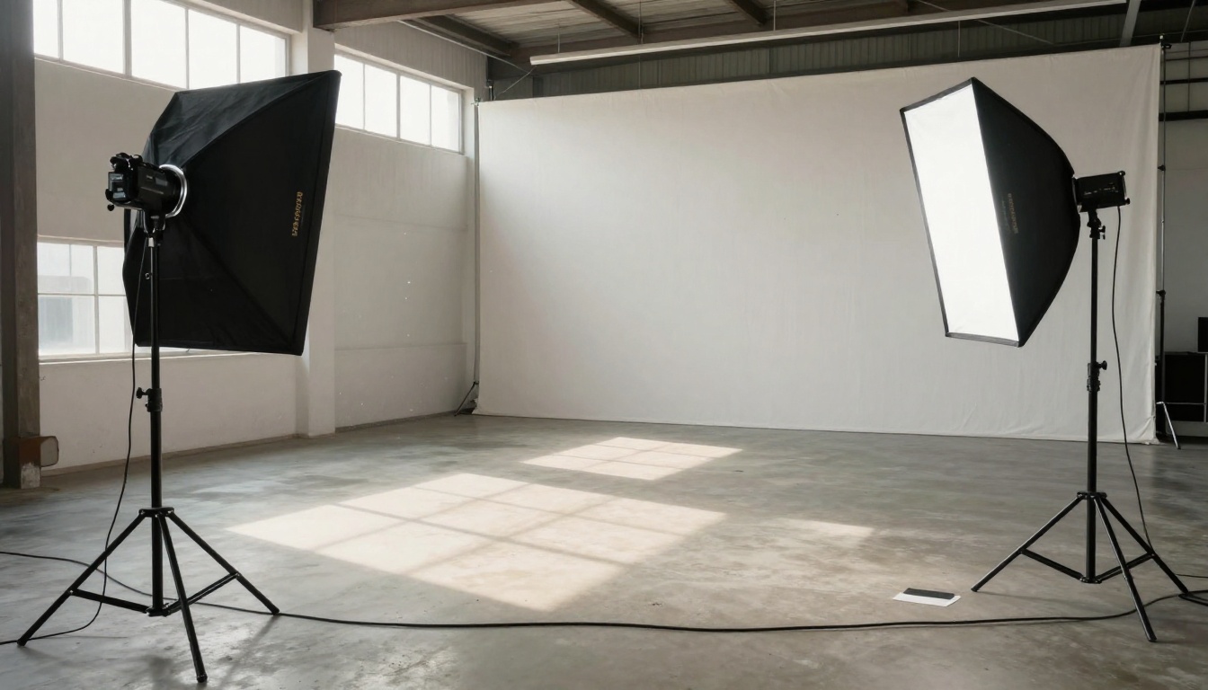 Empty venue with a camera on a tripod, softbox lights and a linen backdrop before guests arrive