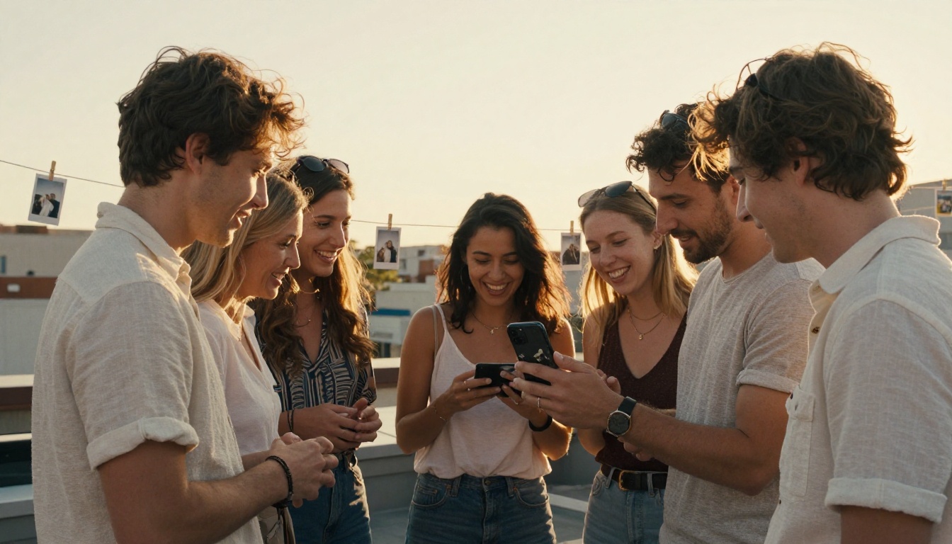 Friends laughing at a group portrait on a smartphone at a rooftop party