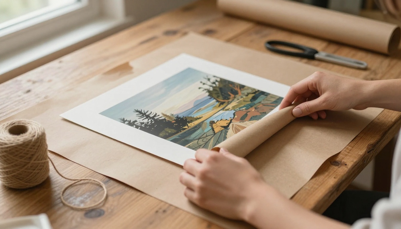 Hands wrapping a framed abstract landscape print in kraft paper on a wooden packing table