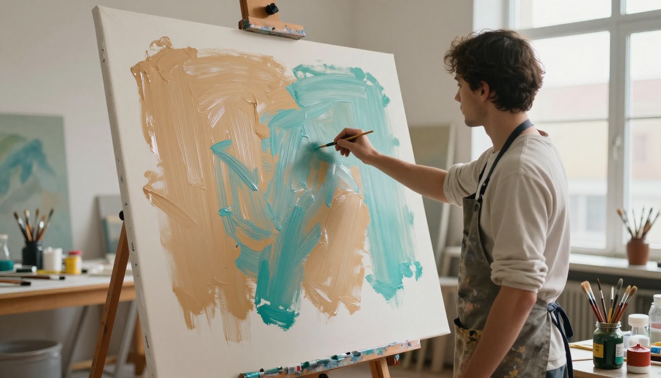 Painter adding hand-painted brushstrokes of ochre and teal over a large printed canvas on an easel