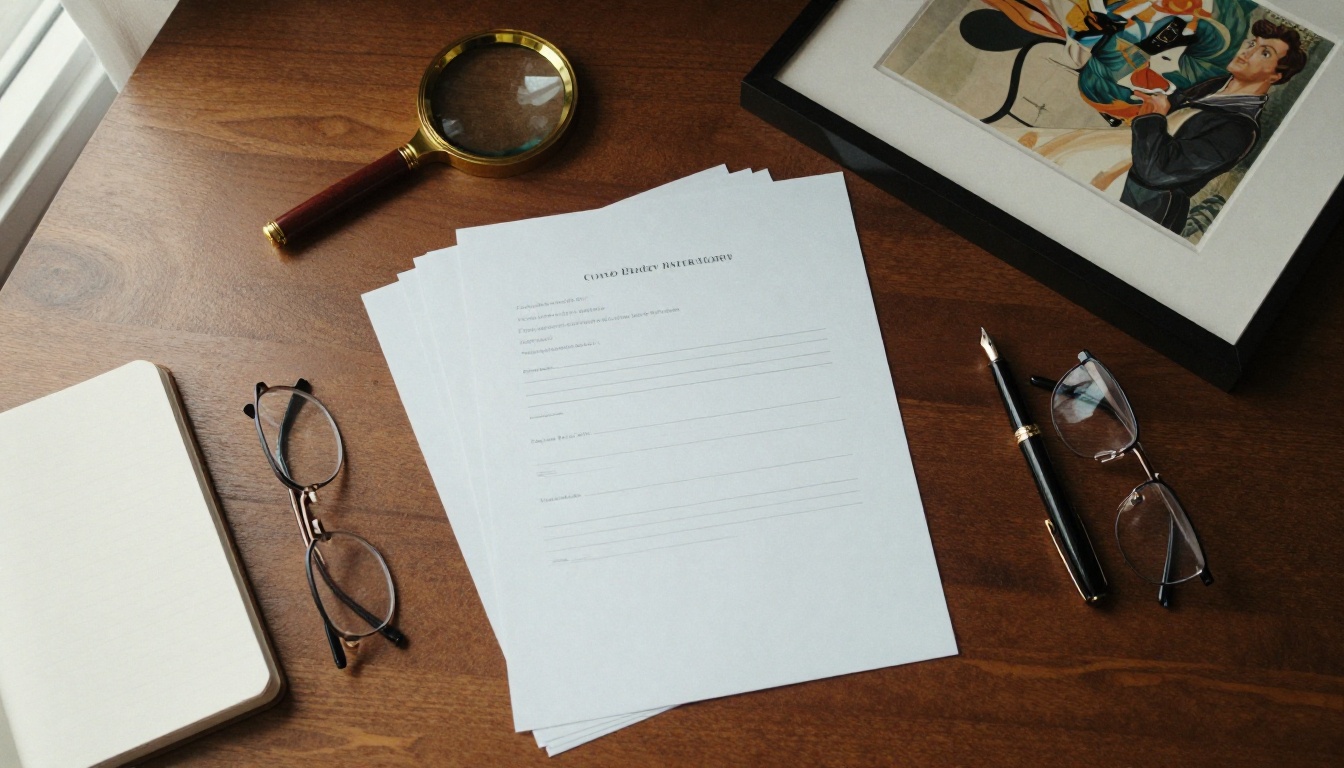 Top-down view of a walnut desk with contract pages, a magnifying glass on a framed print and a fountain pen
