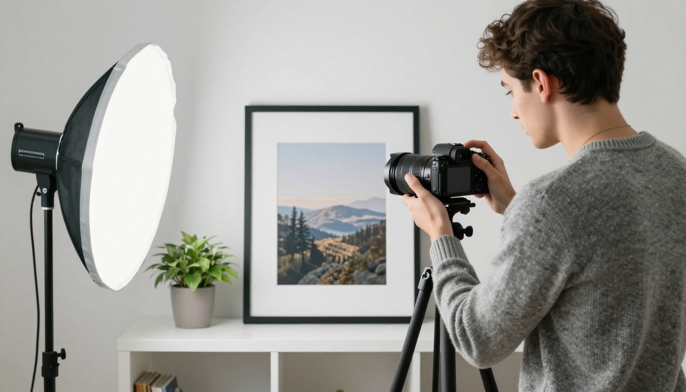 Man photographing a framed landscape print on a white shelf with a softbox and tripod