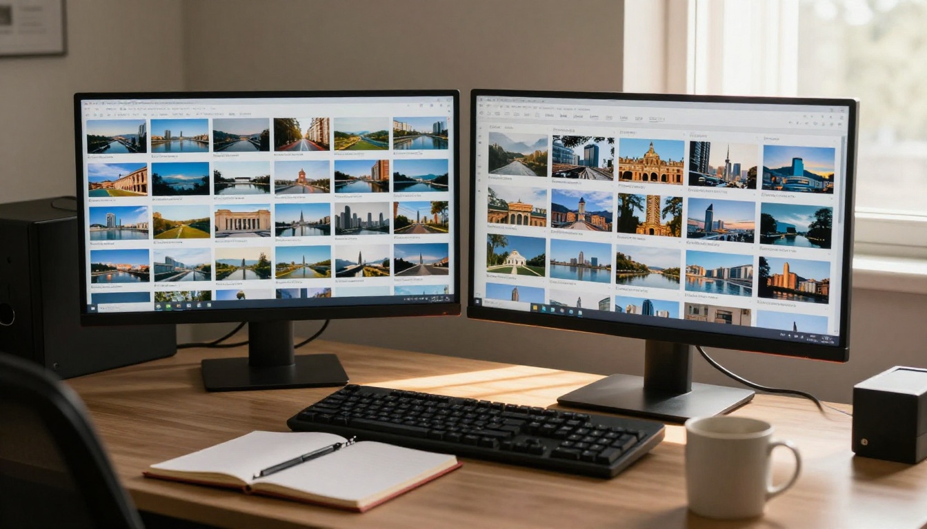Photo contributor at a desk with two monitors showing grids of landscape thumbnails