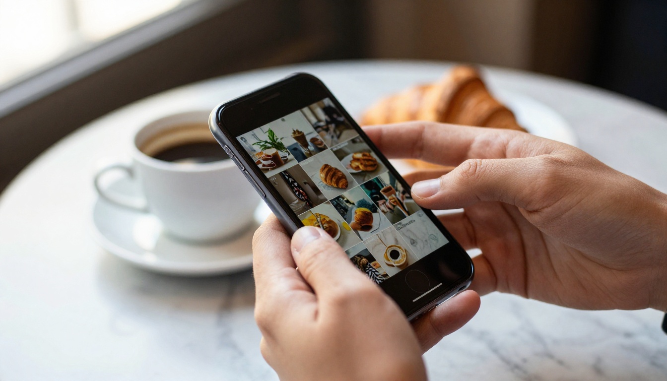 Hands holding a smartphone in a sunlit cafe showing a scrolling gallery of photographs