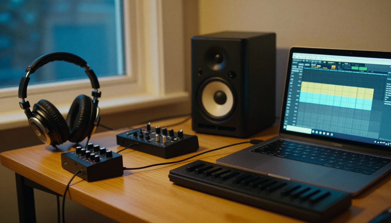 Home music producer in headphones at a wooden desk with an audio interface and a laptop