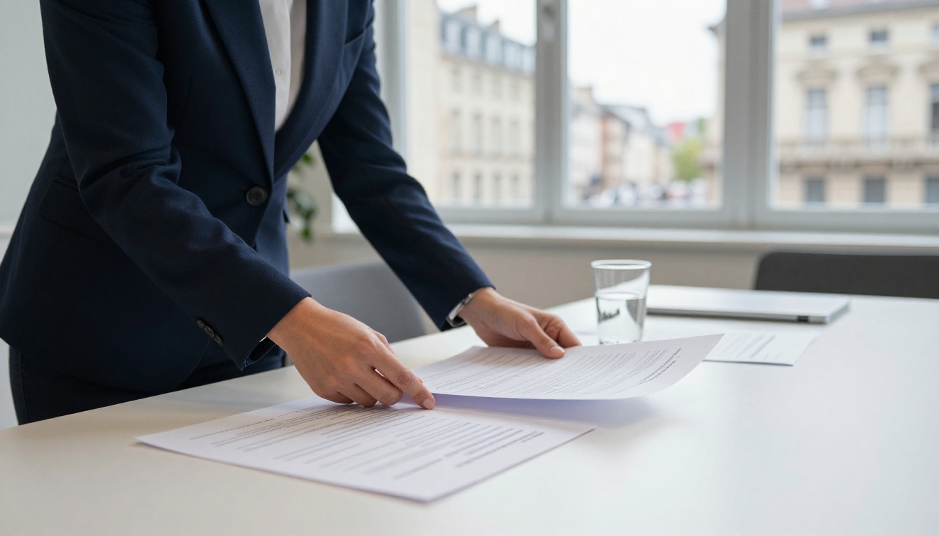Woman in a navy blazer reviewing printed policy documents at a meeting table in a European office