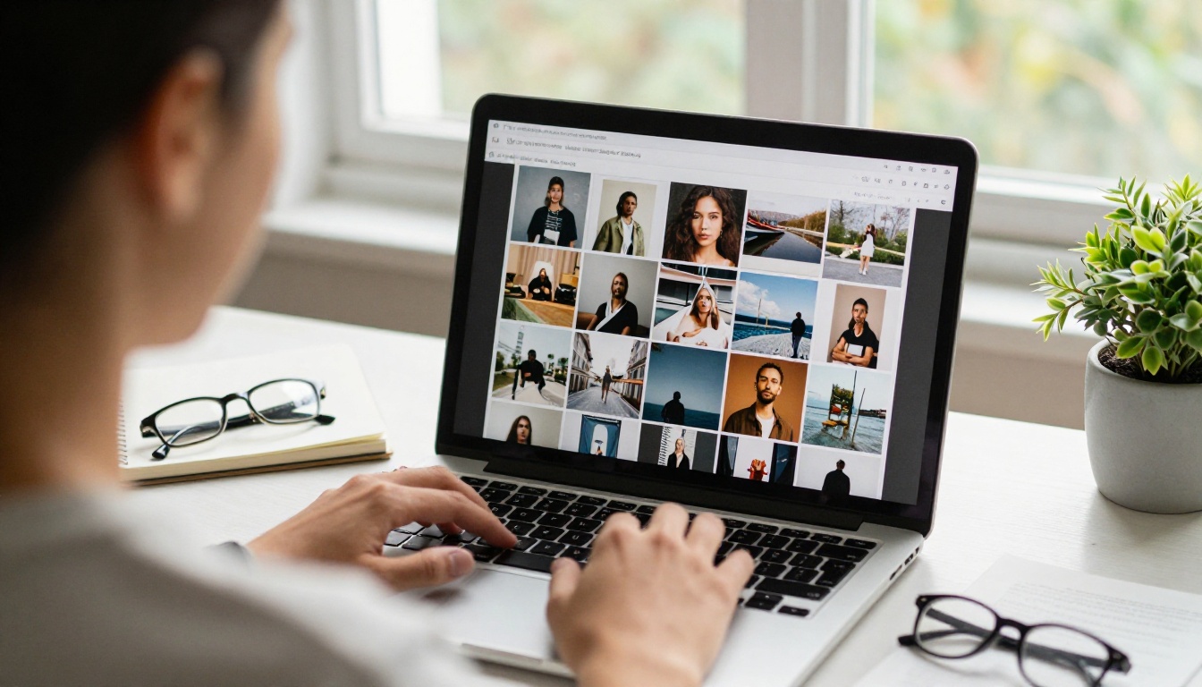 Creator at a standing desk working on a laptop showing a gallery of finished photographs