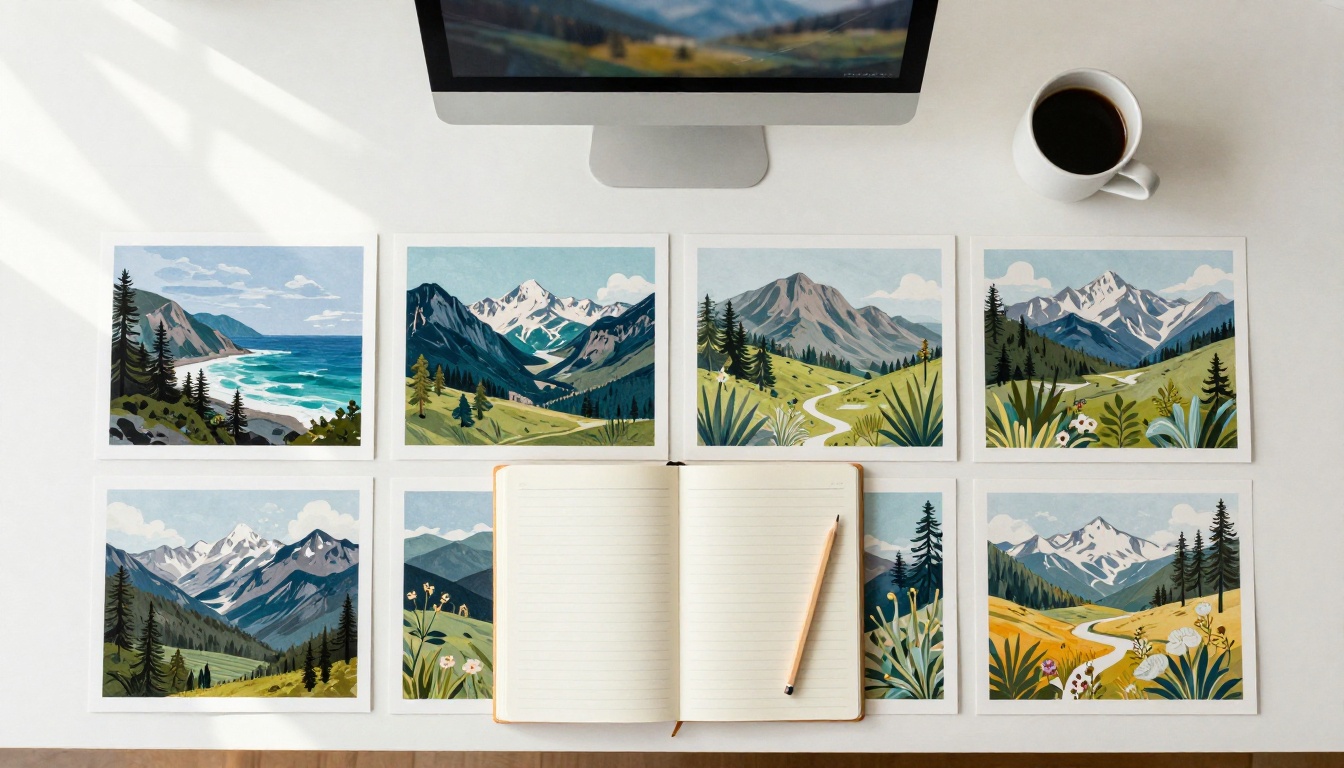 Flat lay of a desk with printed wall art, a laptop and a cup of coffee