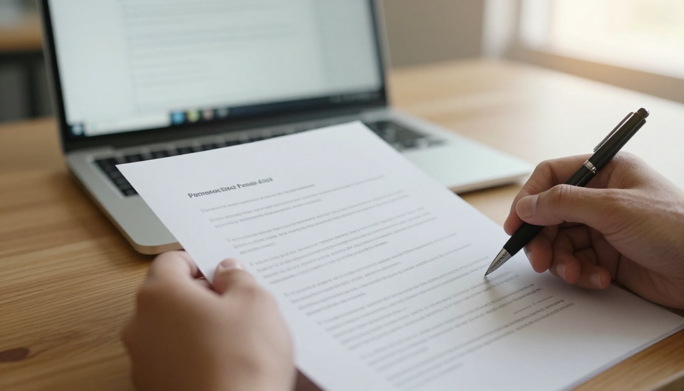 Hands holding a printed policy document next to a laptop
