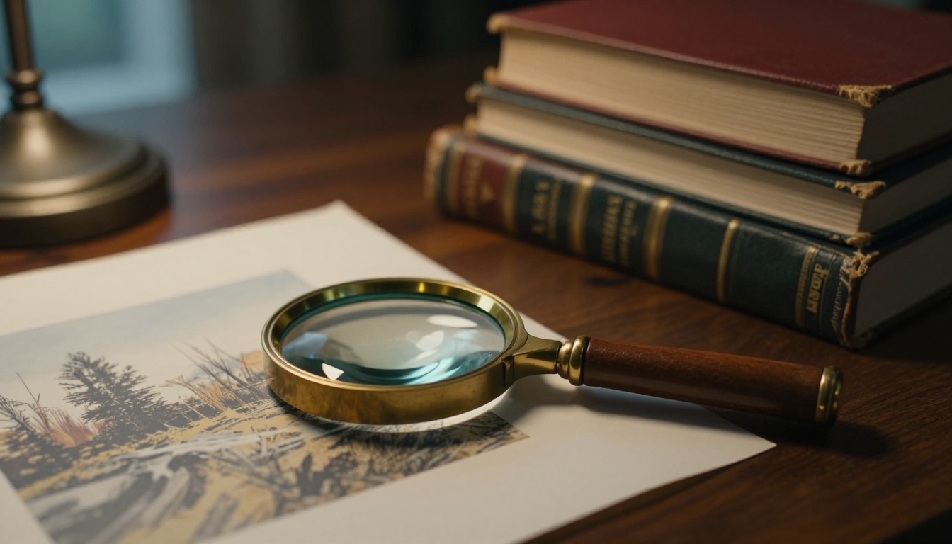 Brass magnifying glass resting on a framed print beside law books