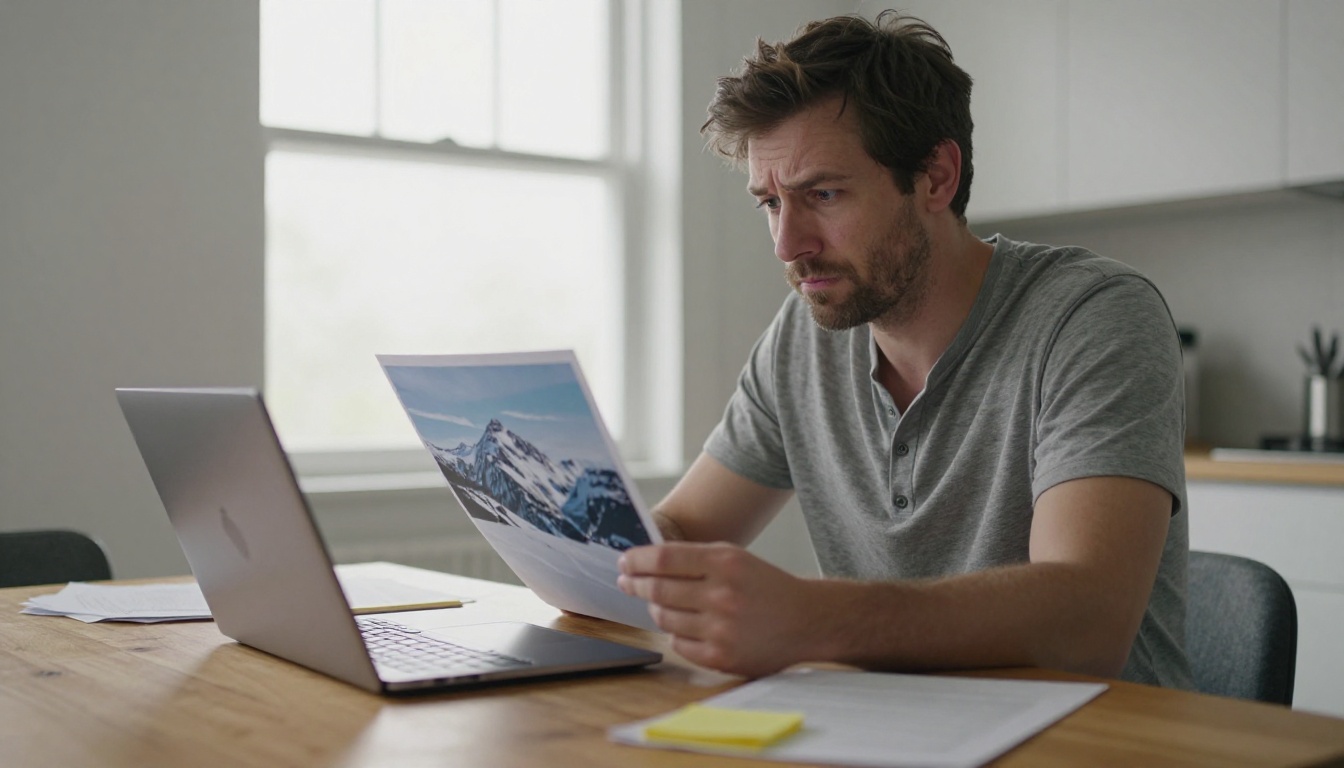 Man studying a printed mountain poster at a kitchen table