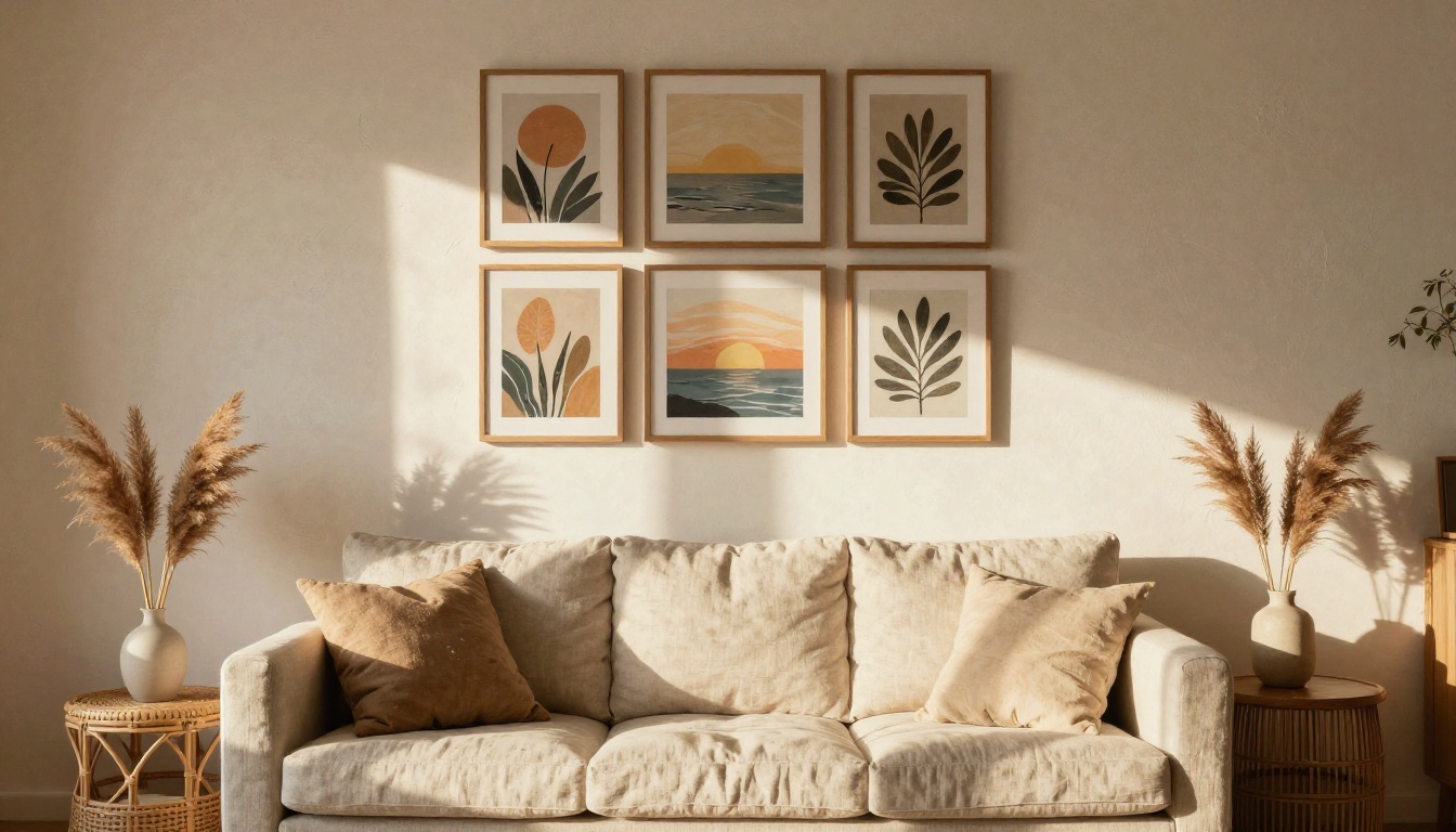 Living room gallery wall with eight framed prints above a linen sofa