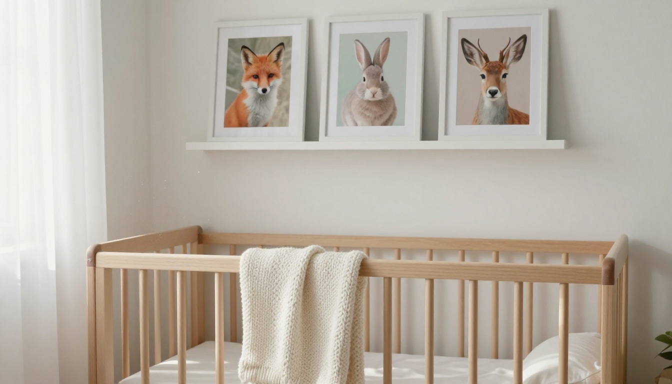 Nursery with a wooden crib and three framed animal prints
