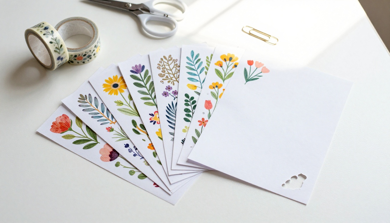 Fanned sticker sheets with floral designs beside washi tape and scissors