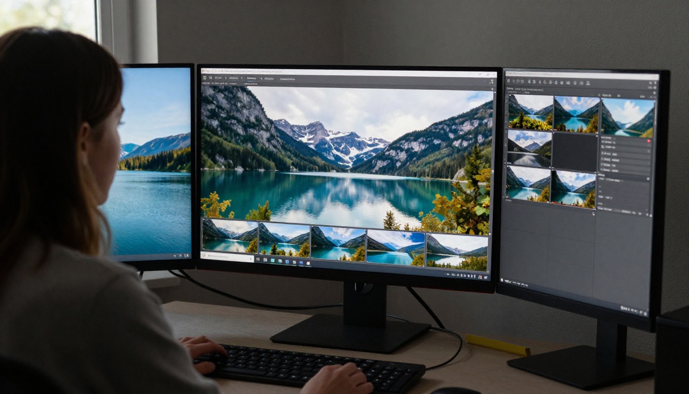 Designer checking a sharp mountain lake image on a large monitor