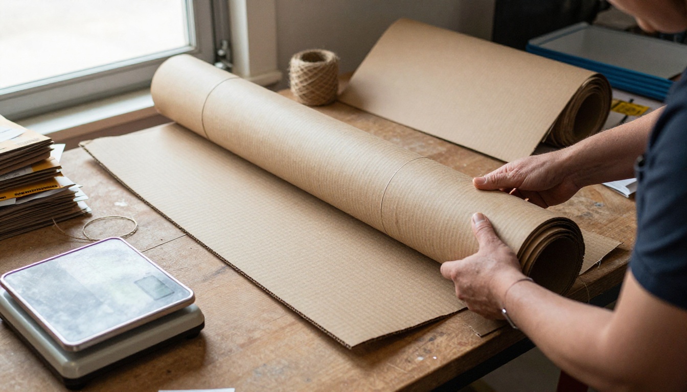 Seller packing a rolled poster into a cardboard tube