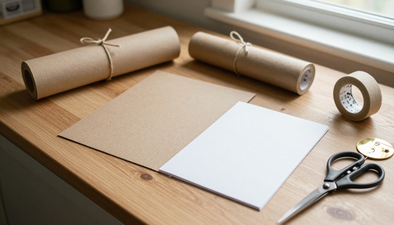 Top-down view of a kitchen table with a mailer, rolled print, thank-you card and kraft tape ready to pack an order