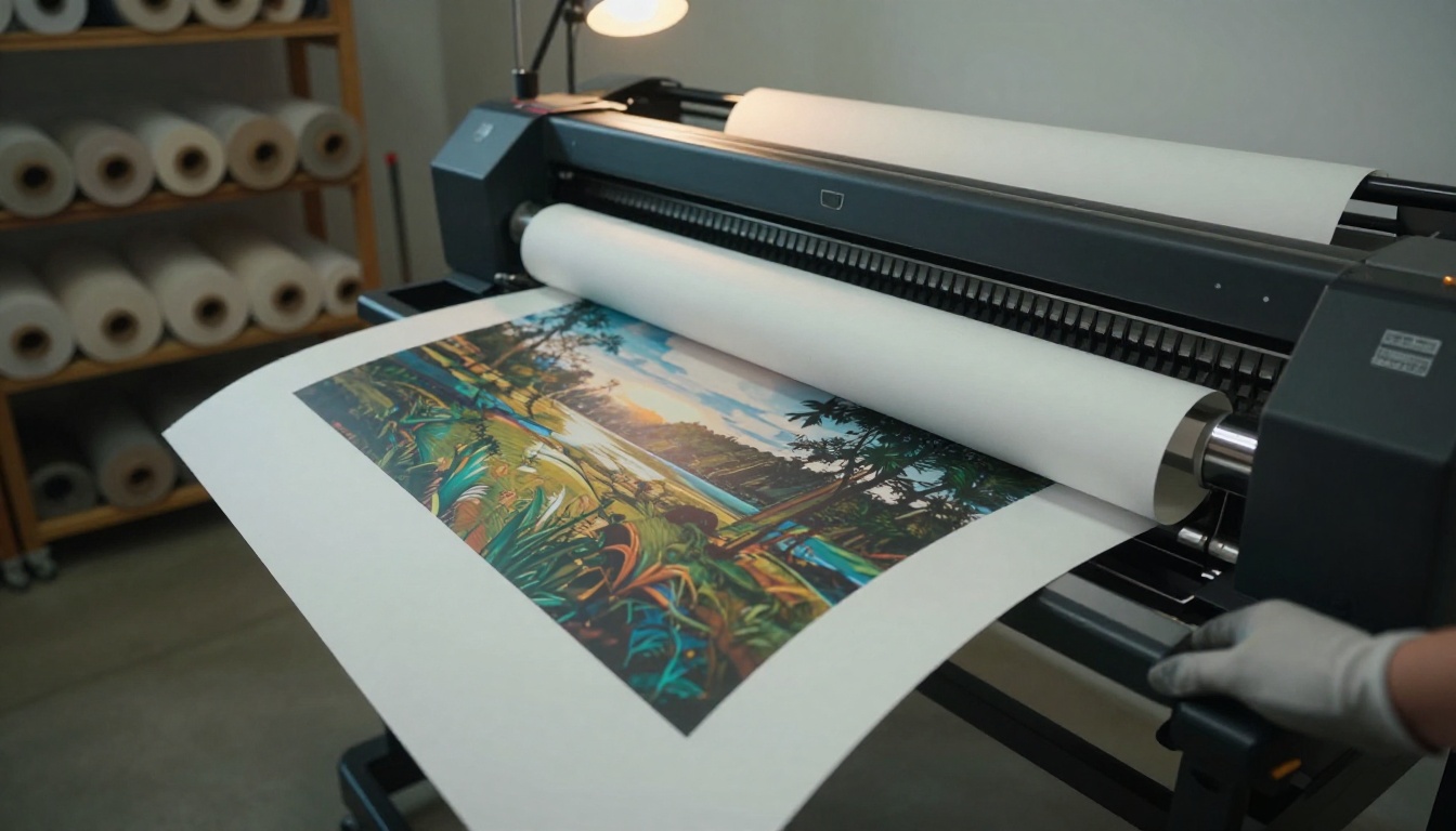 Large-format inkjet printer pushing a landscape art print onto its output tray