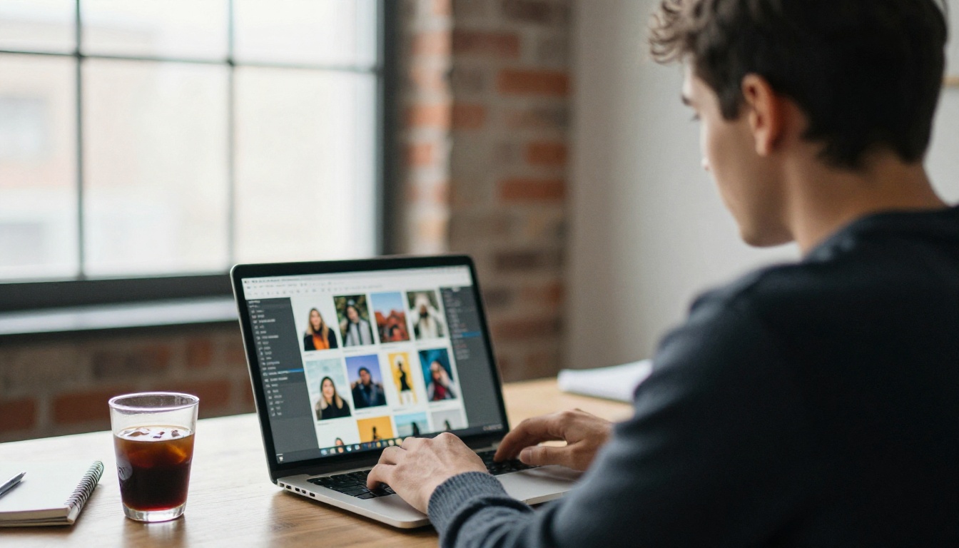 Creator at a laptop reviewing a grid of photo thumbnails before uploading to a stock agency