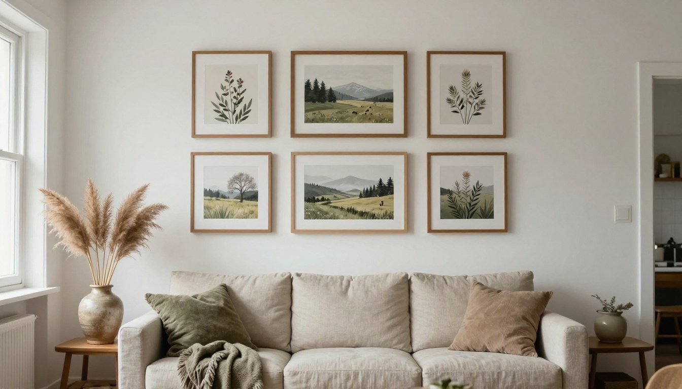 Bright living room with a gallery wall of framed landscape and botanical art prints above a linen sofa