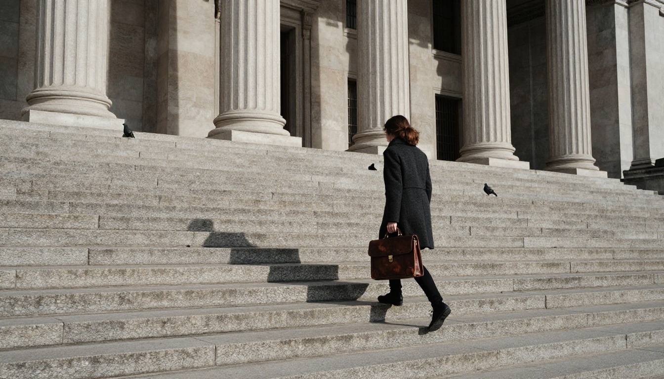 Woman in a charcoal coat climbing the stone steps of a courthouse on an overcast morning